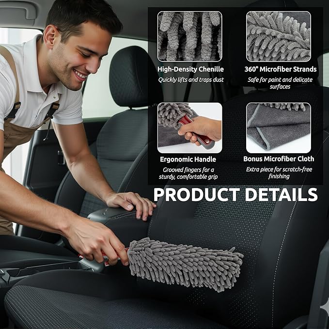 Car Duster Interior, 360° Microfiber Fingers, Lint & Scratch Free | Unbreakable Comfort Handle Duster, Includes Microfiber Towel, Lint-Free & Safe for Car & Home Interior, Gray