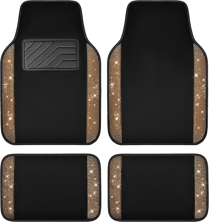 Bling Diamond Car Floor Mats, Shining Rhinestone Carpet Sparkly Glitter Crystal with Anti-Slip PVC Heel Pad Waterproof Universal Fit Automotive SUV,Sedan,Van,Cute Girl Women,4pcs Golden
