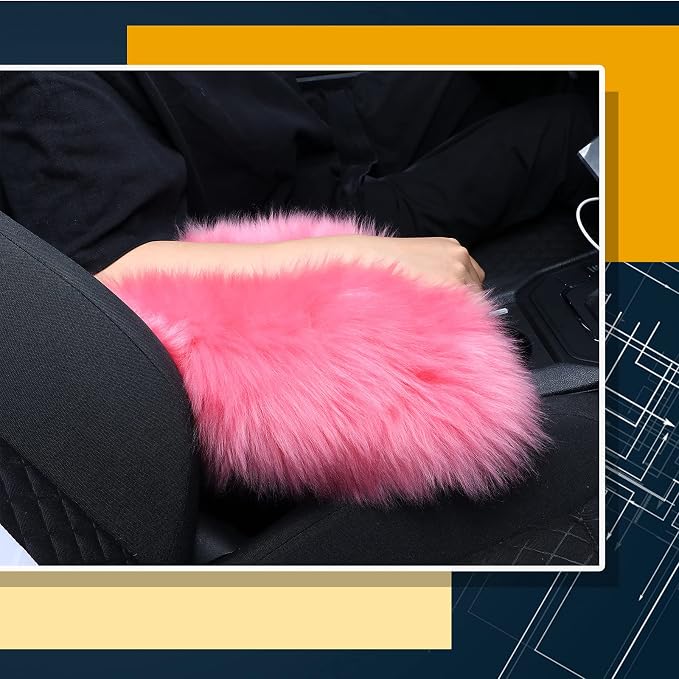 Furry Armrest Cover Auto Center Console Cover Car Soft Console Pad, Real Sheepskin Wool Soft Fluffy Auto Center Armrest Pad for Most Car Decoration Protector(Pink)