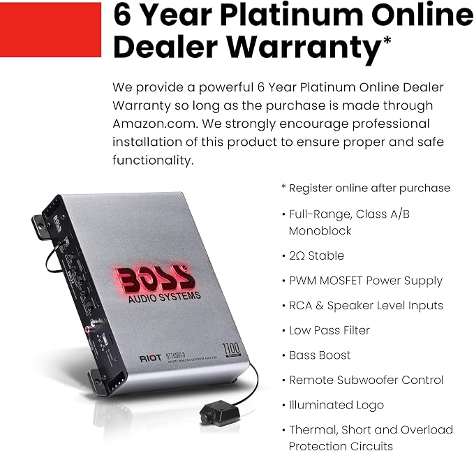 R1100M-S Monoblock Car Amplifier - 1100 High Output, 2-8 Ohm Stable, Low/High Level Inputs, Low Pass Crossover, MOSFET Power Supply