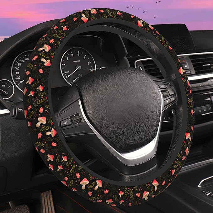 Vintage Mushroom Steering Wheel Cover for Women Men Neoprene Breathable Botanical Floral Wheel Cover Protector Anti-Slip Car Accessories Universal 15 Inch Fit for Cars Trucks Vehicles