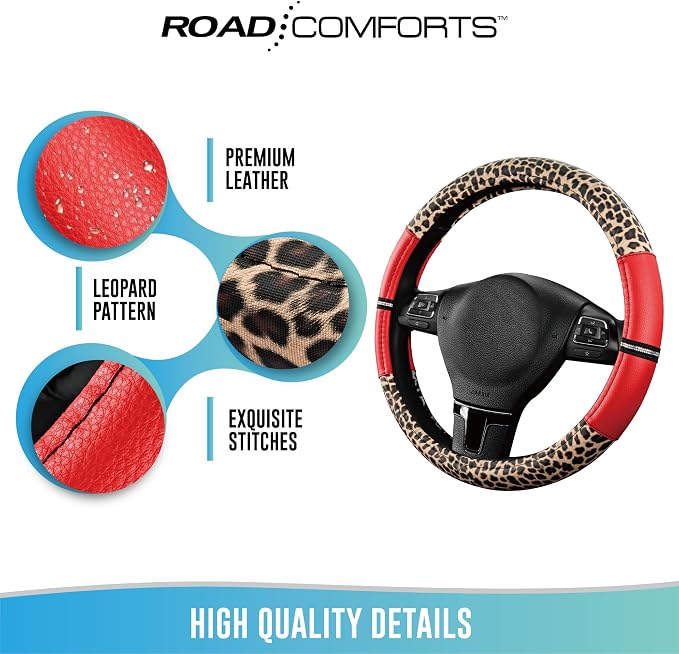 Leopard Steering Wheel Cover for Women, Cute Anti-Slip Microfiber Leather, Universal Fit 14.5-15 Inch Round Steering Wheel - Red