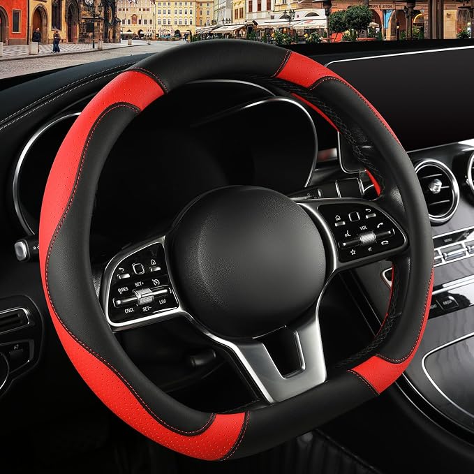 Black Red Microfiber Leather D Shaped Steering Wheel Cover | Breathable Anti Slip Grip Cool Sporty Look Glow for Women Men