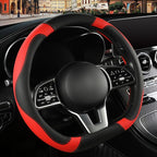 Black Red Microfiber Leather D Shaped Steering Wheel Cover | Breathable Anti Slip Grip Cool Sporty Look Glow for Women Men