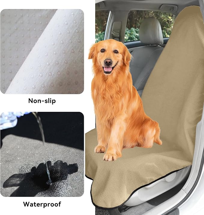 Waterproof Towel Car Seat Cover, Sweatproof Non Slip Towel Carseat Cover, Machine Washable Vehicle Bucket Frontseat Protector Accessories, Universal for SUV, Sedan, Truck (Beige)