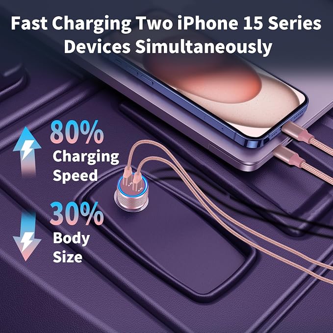 [Apple MFi Certified] iPhone 17 Car Charger, 90W Dual USB C Power Cigarette Lighter Car Carplay Charger with 2Pack Type C Braided Cable for iPhone 17/17 Pro Max/16 Pro/15/Galaxy S26/S25/Pixel