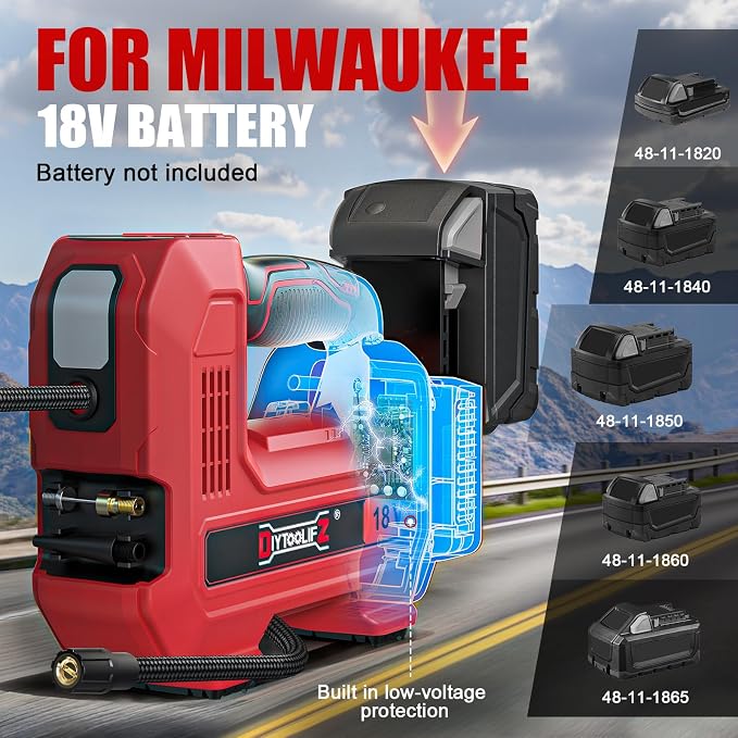 160PSI Cordless Tire Inflator Compatible with Milwaukee 18V Air Compressor, Portable Air Pump Automatic Shut Off, LED Light, Digital Pressure Gauge for Cars Motorcycles Bikes (Tool Only)