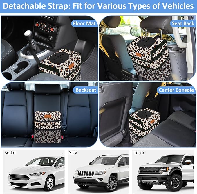 Car Trash Can Bin for Back Seat Leak Proof, Cute Car Trash Bag Hanging, Vehicle Trash Can for SUV Truck Van, Automotive Garbage Cans Front Seat Leopard Print