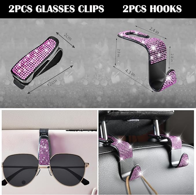 11 PCS Bling Diamond Car Accessories Set for Women, Sparkly Rhinestone Steering Wheel Cover, Bling Seat Belt Cushion, Shift Knob Cover, Push Start Button Ring, Cup Holder Coaster, Black Pink