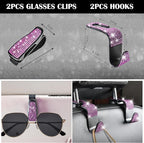 11 PCS Bling Diamond Car Accessories Set for Women, Sparkly Rhinestone Steering Wheel Cover, Bling Seat Belt Cushion, Shift Knob Cover, Push Start Button Ring, Cup Holder Coaster, Black Pink