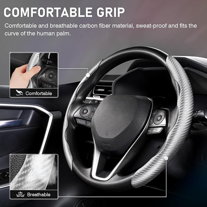 Steering Wheel Cover, Carbon Fiber Steering Wheel Cover Men/Women, Anti-Slip, Heat Resistant, Durable, Universal for 99% Car Interior Accessories (Silver)