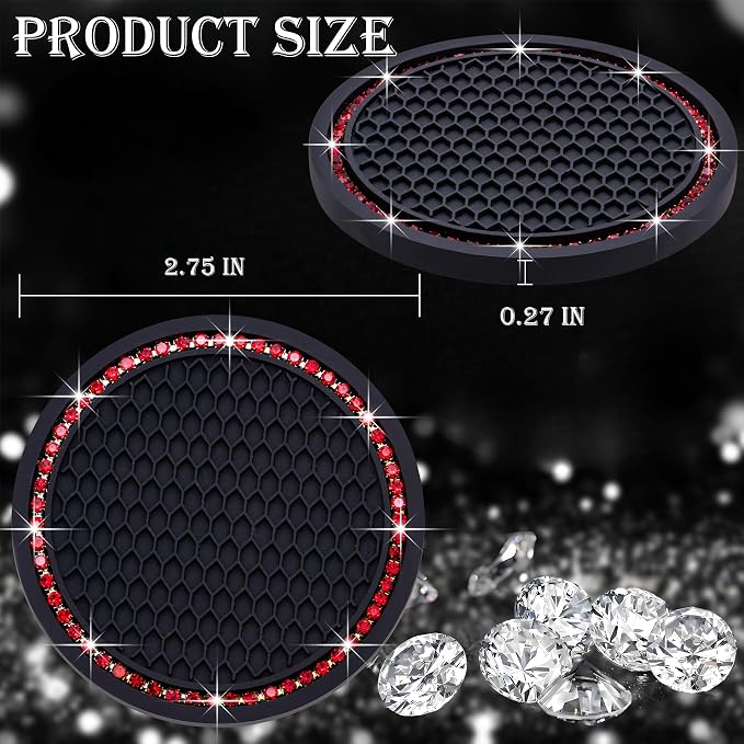 2PCS Bling Cup Holder Coaster, 2.75 Inch Auto Car Cup Holder Insert Coasters, Soft Silicone Anti-Slip Shockproof, Universal Vehicle Interior Accessories for Women Girls (Black & Red)