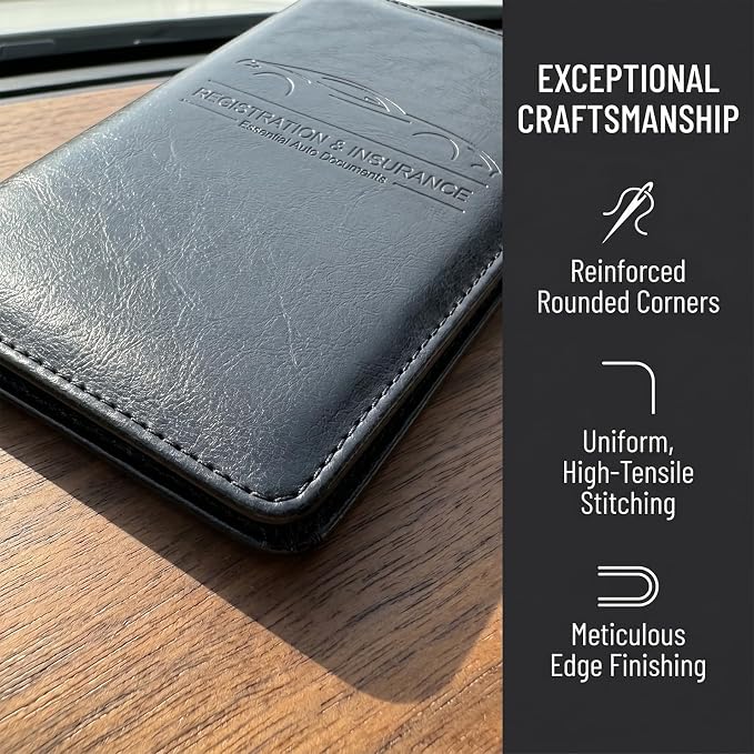 Premium Car Registration & Insurance Card Holder with Magnetic Shut, Vehicle Glove Box Car Organizer - For Documents, Cards, License (Cowhide Black)