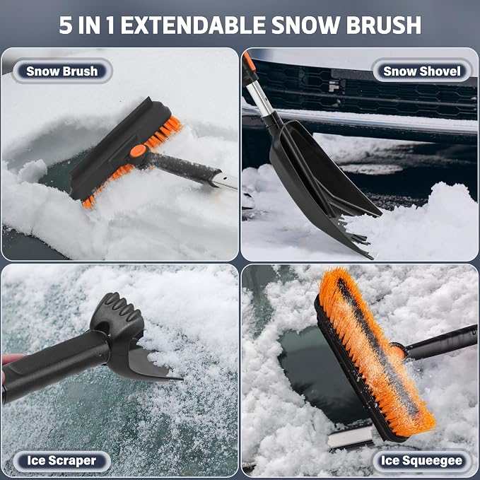 5-in-1 Extendable Snow Shovel and Ice Scraper for Car, 31"-40" Snow Brush with Squeegee, Pivoting Brush Head & Foam Grip for Windshield, Truck, SUV