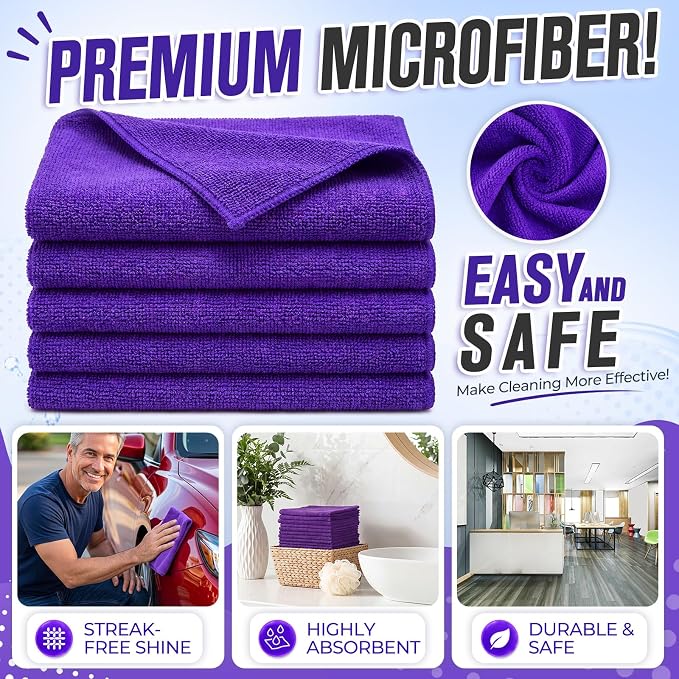 Microfiber Cleaning Cloths for Cars Ultra Absorbent Car Towels Drying Reusable Cleaning Supplies House Kitchen Window Microfiber Towel (12 x 12 Inch, Purple, 60 Pcs)