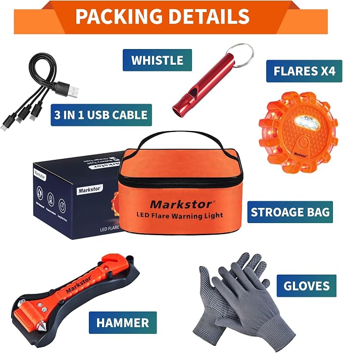 Led Road Flares 4 Pack LED Flares Emergency Kit Recharge LED Flares Light with Magnetic Roadside Safety Disc Flares Kit with Breaker Whistle for Vehicle