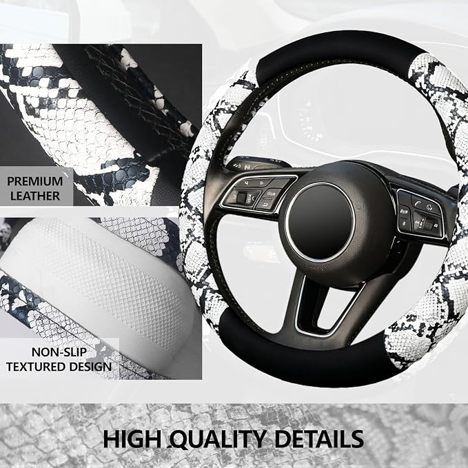 Snake Skin Steering Wheel Cover, Universal 14.5-15 inch Breathable Microfiber Leather Anti-Slip Car Steering Wheel Protector for Women Men, Black&White