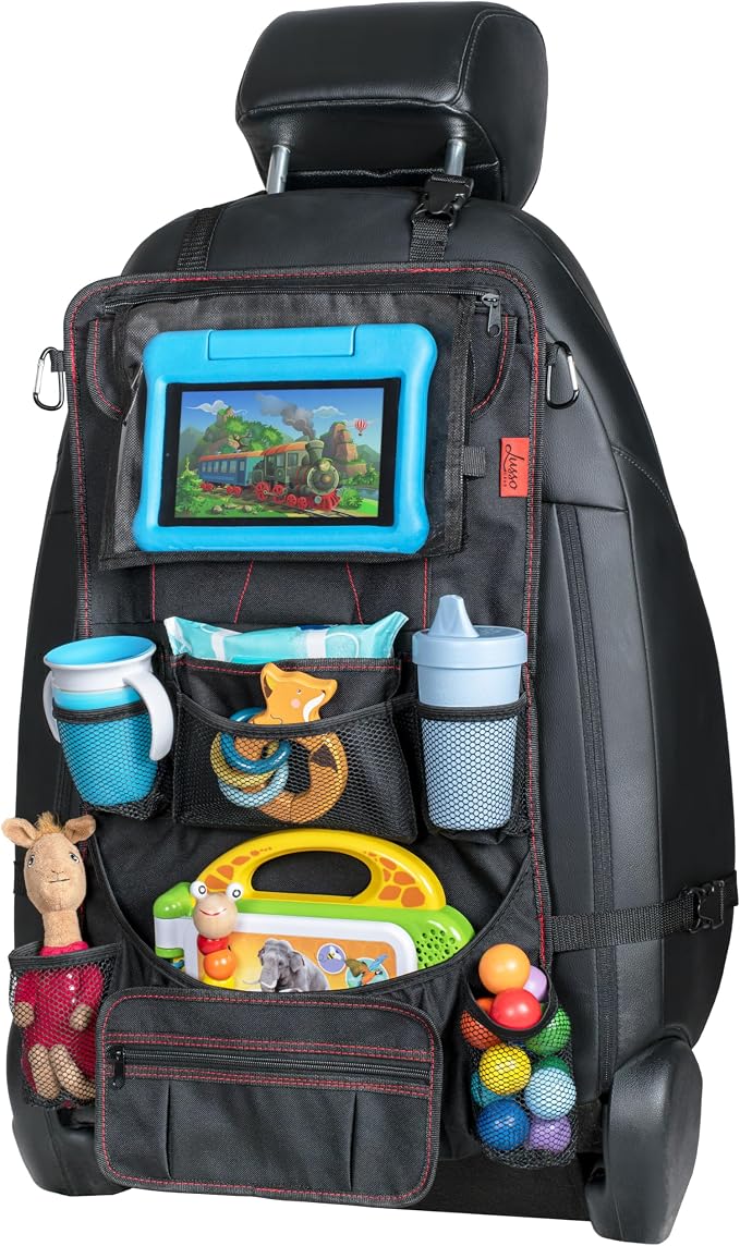 Heavy Duty Back Seat Car Organizer Extra Large for Powerful Protection, Sag Proof & Reinforced Corners, Protects iPad & Backseat, 12 Versatile Car Seat Organizer Storage Compartments, (Red)