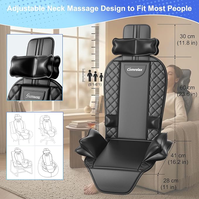 Back Massager with Heat & Traction & Vibration, Seat Massager Pad for Pain Relief Deep Tissue, Lumbar Traction, PU Leather, Foldable, for 5’ to 6’1”, Massage Chair Pad for Office Home