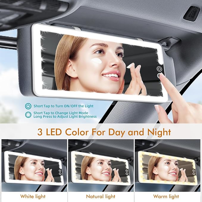 Car Sun Visor Vanity Mirror with Lights, Rechargeable LED Car Visor Makeup Mirror with 3 Color Dimmable Lights - Universal Accessories for Cars, SUVs, Trucks (White)