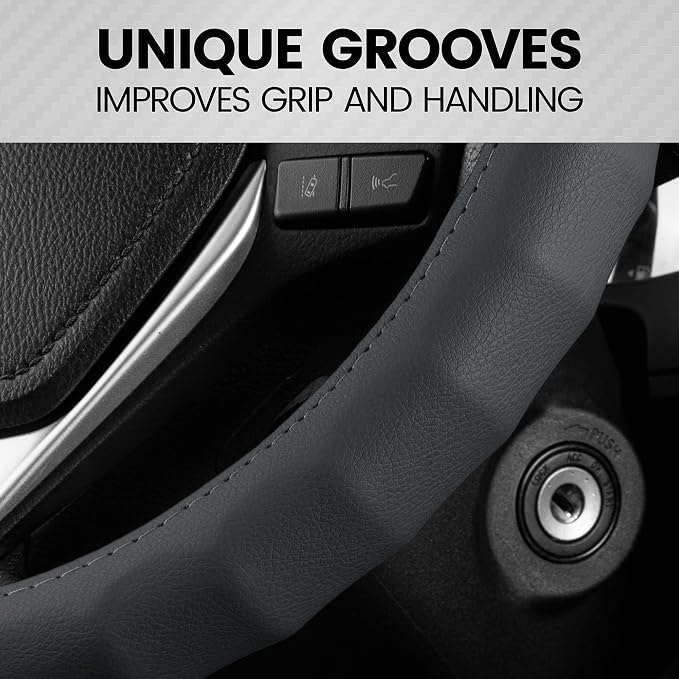 Genuine Gray Leather Steering Wheel Cover for Car, Small 13.5-14 inch – Ergonomic Comfort Grip for Men & Women, Car Steering Wheel Cover for Vehicles with Small Steering Wheels