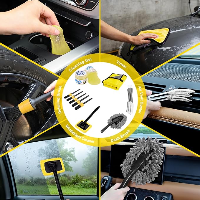 15PCS Car Detailing Kit Auto Cleaning Tools Wash Set with Storage Carry Bag Beginners Easy to Use for Interior Exterior Car Care Clean Windshield Dashboard Seat Air Vents Wheels Tires, Yellow