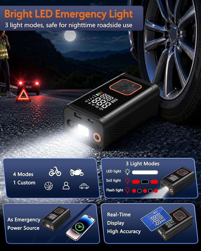 Tire Inflator Portable Air Compressor: 150PSI Cordless Air Pump with 4000mAh Battery, Digital Gauge Auto-Shutoff for Car Tires, Bike, Motorcycle, Balls, Pool Floats & Inflatables