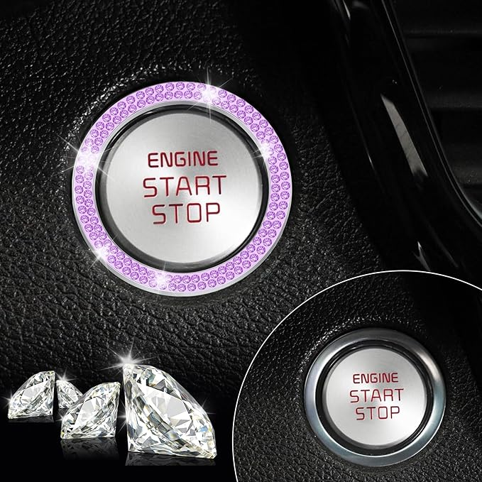 2 PCS Crystal Double Rhinestone Car Engine Start Stop Decoration Ring, Bling Car Interior Accessories for Women, Push to Start Button Cover Sticker, Automotive Decals, Purple