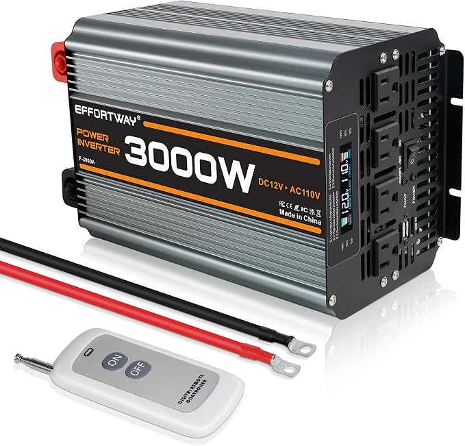 3000w Power Inverter DC 12V to AC 110V/120V Converter with 6000w Peak.Comes with LCD Display, Wireless Controller,4AC outlets 1USB.RV Inverter,Suitable for Camping,and Off-Grid Solar Inverter Systems