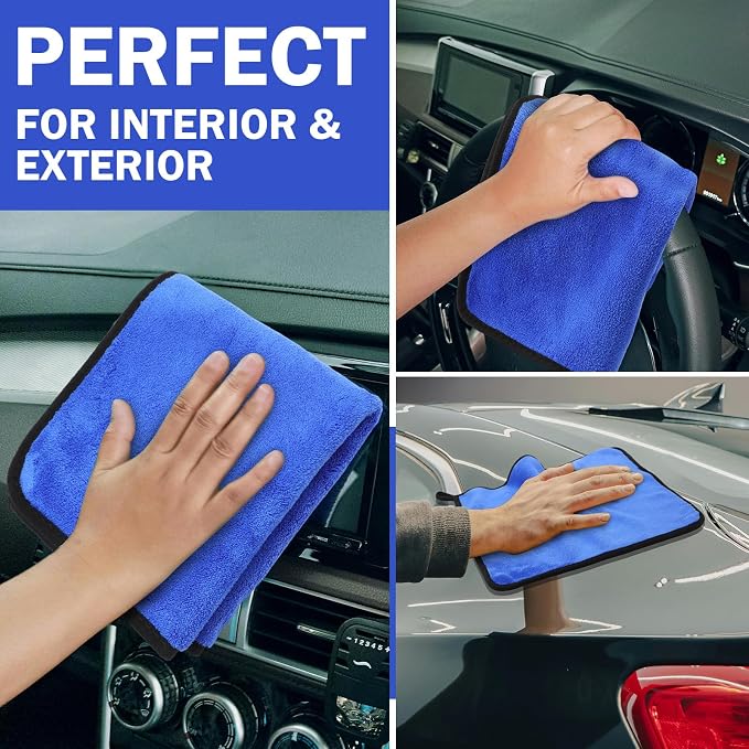 12 Pcs Microfiber Towels for Cars, 800 GSM Plush Drying Cleaning Cloth Bulk, 16 x 16 Inch Thick Absorbent Wash Detailing Towels for Car Polishing, House, Kitchen Cleaning(Gray and Blue)