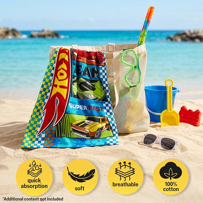 Hot Wheels Cars Bath Towels with Hood for Boys, Ages 2-6, One Size Soft and Absorbent Hooded Cotton Beach Towel Wrap, Swimming Pool Poncho, Gifts for Boys (Multi Hot Wheels)