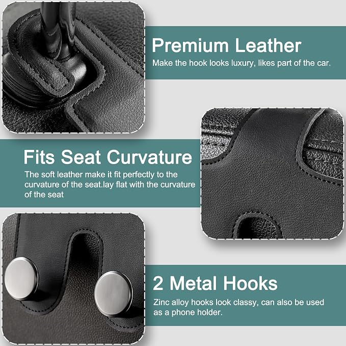 Car Headrest Hook, Bags Hanger for Car, Leatehr Car Double Hooks for Purses and Bags, Car Hanger Storage Holder for Handbag Coat Umbrella, Car Inside Accessories