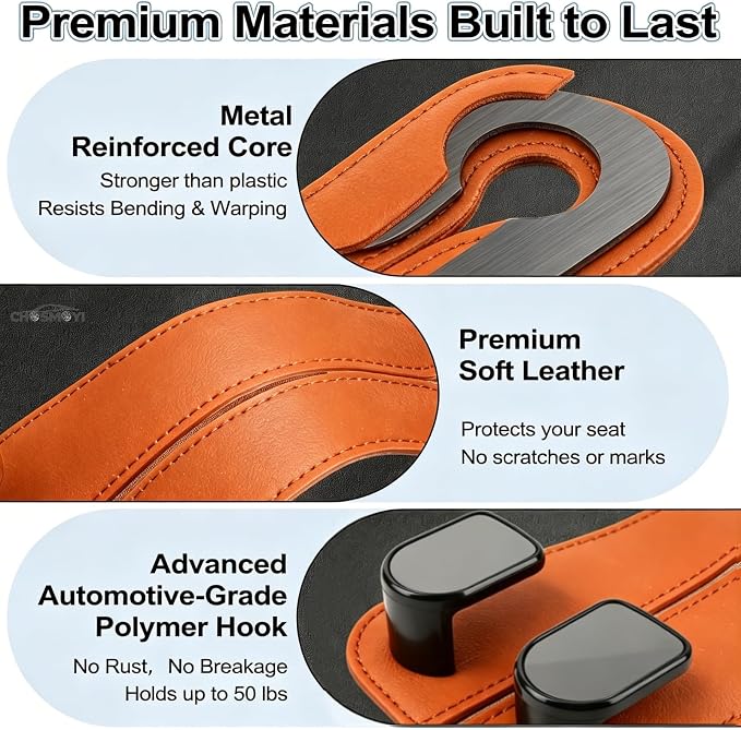 CHOSMOYI 2 Packs Car Seat Hooks, Leather Car Headrest Hook, Car Purse Hook Seat Back Hanger Storage Organizer, Car Hook for Purses and Bags(Burnt Orange)