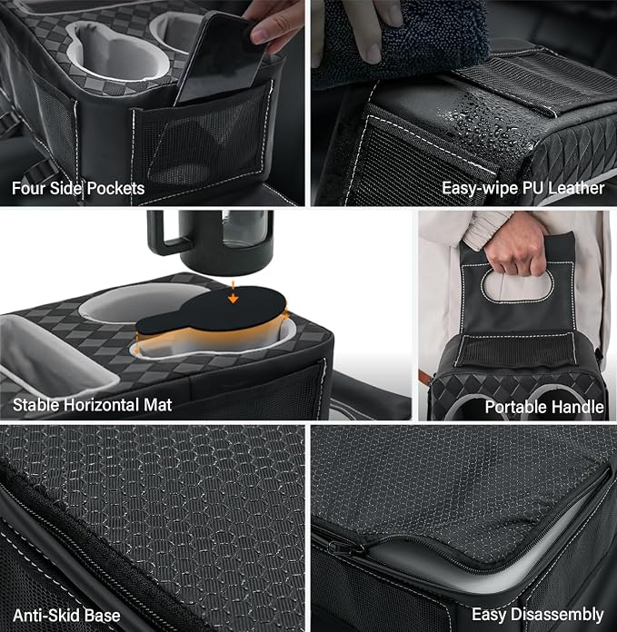 Center Console Cup Holder, Universal Car Armrest Storage Box with Bottle Holder & Tissue Slot & Side Pockets, Car Back Seat Truck Boat Couch Organizer PU Leather