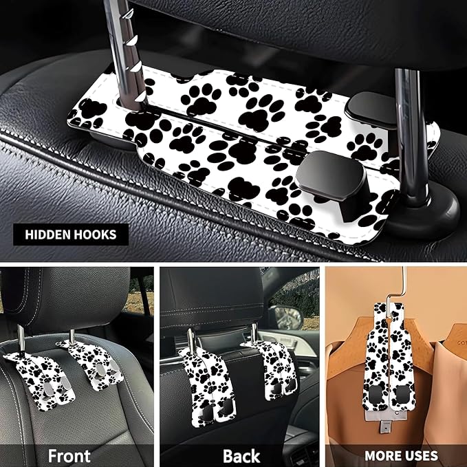 Car Seat Headrest Hook, Universal Leather Cute Hanger Holder Hook, Storage Organizer Interior Accessories for Purse Bags Handbag Black White Dog Paws