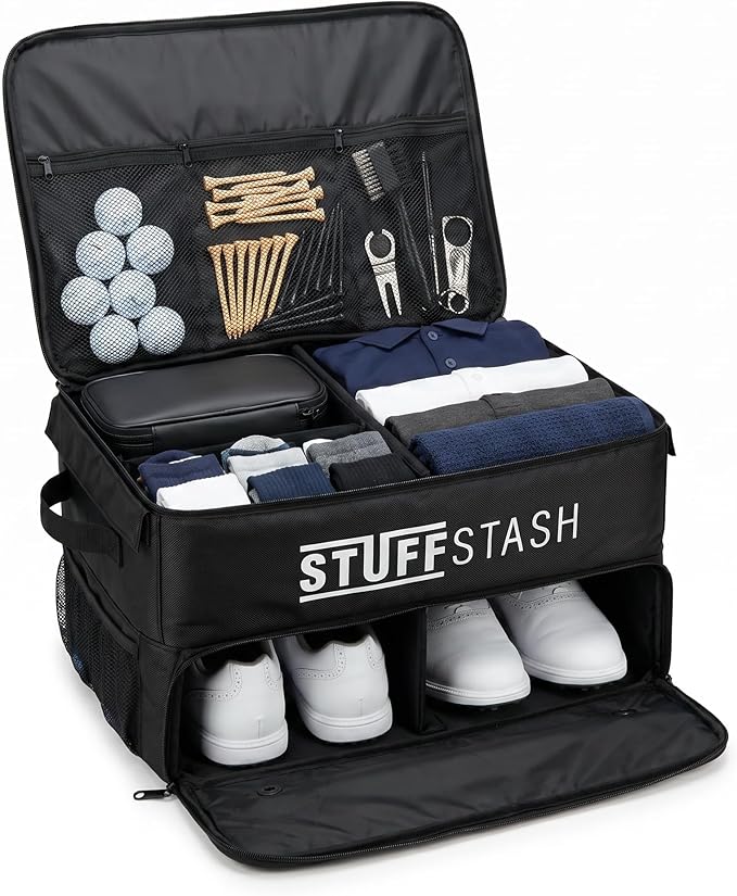 Golf Trunk Organizer for Car – Rigid, Won’t Collapse | Ventilated Shoe Compartment, Adjustable Dividers & Mesh Pockets | Golf Gift for Men & Women | Premium Car Trunk Storage Organizer