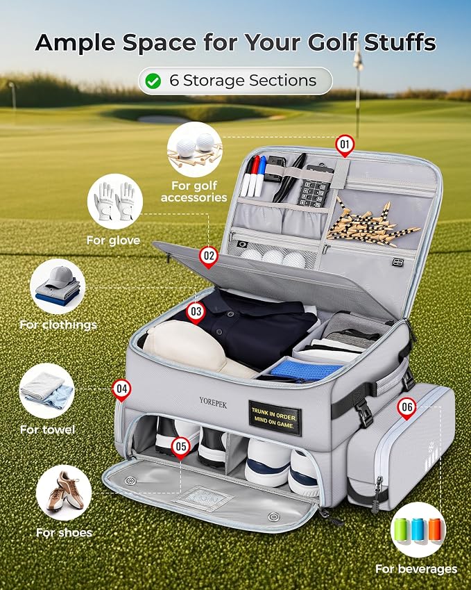 Upgraded Golf Trunk Organizer, Golf Gifts for Men, with Removable Insulated Pouch&Dust-Proof Protective Layer, Multi-Compartment fits 2 Pairs of Shoes, Golf Accessories