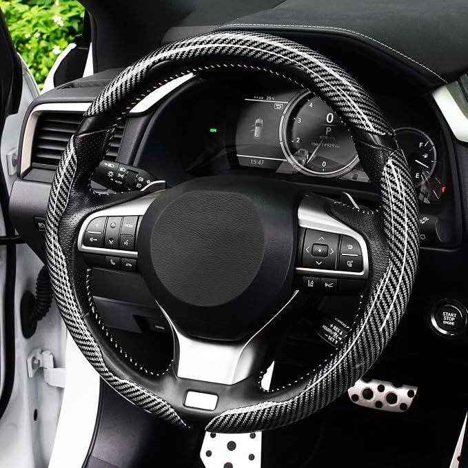 3pcs Carbon Fiber Anti-Skid Steering Wheel Cover, Waterproof Design, Universal Fit for 14-16 Inch Car Wheel Cover, Interior Car Accessories for Jeeps, SUVs, Trucks (Glossy Black)