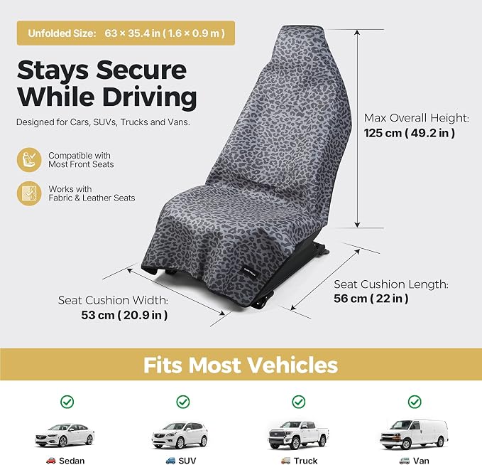 Car Seat Cover Protector, Waterproof Sweat Towel Seat Cover for Gym, Sports, Beach, Universal Front Seat Cover for Cars, Trucks, SUVs, Leather Seats(Gray Leopard)
