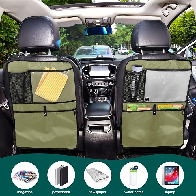 Olive Green Car Seat Organizer for Kids Backseat Kick Mat with Adjustable Strap Back Seat Protectors for SUV Cars Vehicle 1 Pcs