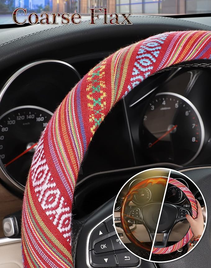 Boho Steering Wheel Cover with Baja Blanket Cloth, Ethnic Style Auto Wheel Cover Made of Coarse Flax, Fits 14 1/2-15 1/4 inches Car Wheel
