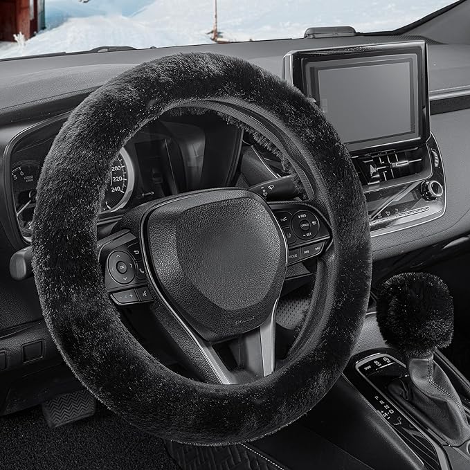 Furry Car Steering Wheel Cover with Fluffy Gear Shift Cover Soft Warm Non-Slip Car Decoration for Men Women Girls 2 PCS Set, Black