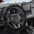 Furry Car Steering Wheel Cover with Fluffy Gear Shift Cover Soft Warm Non-Slip Car Decoration for Men Women Girls 2 PCS Set, Black