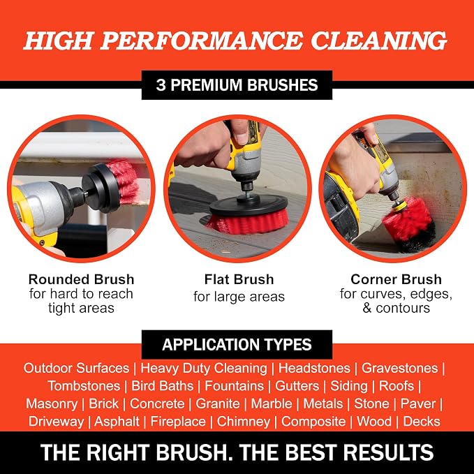 Heavy Duty Stiff Bristle Brush Kit – Power Scrubber Attachment for Concrete, Brick, Siding, Stone, Driveways, Fireplaces, Hard Water Stains, Gravestone & Cemetery Headstone Cleaning Brushes