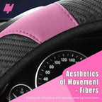 Leather Car Steering Wheel Cover, 15 Inch Anti-Slip Carbon Fiber Black Steering Wheel Cover, Universal Car Interior Accessories for Trucks Sedans SUVs (Black & Pink)