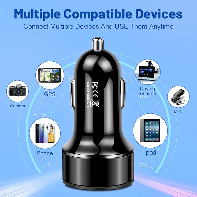 4-Port USB C Car Charger, Cigarette Lighter USB Charger Adapter with Voltmeter PD 3.0 & QC 3.0 Fast Charging for iPhone 17/16/15, Samsung Galaxy, Android Phones & Tablets