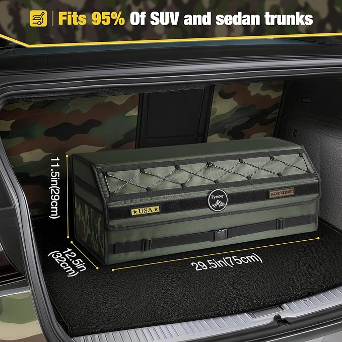 Car Trunk Organizer for SUV and Sedan, Tactical‑Green, 29.5 in | Tactical & Aerospace Oxford, Extra‑Large, Hinged Lid, Collapsible & Adjustable, Water‑Resist & Dust‑Proof