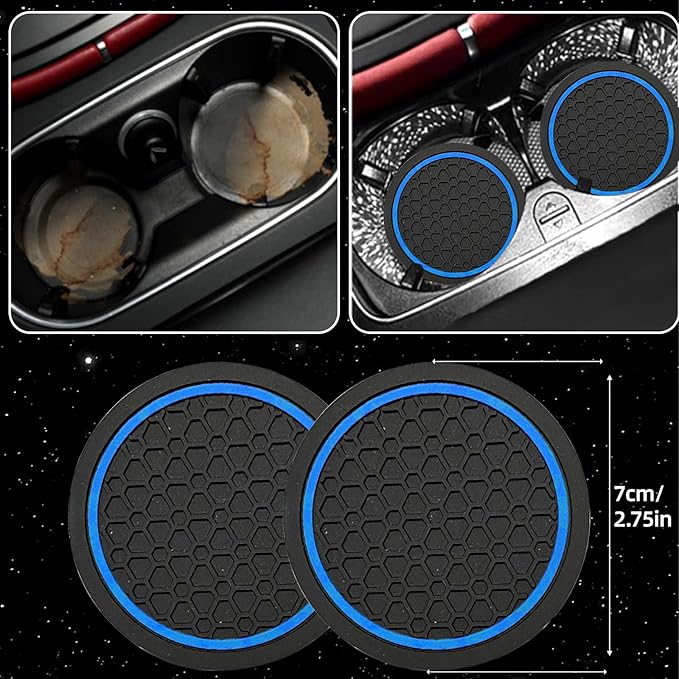 6 Pcs Blue Car Accessories Set, Sport Leather Steering Wheel Cover 14.5-15inch Universal, Microfiber Leather Car Center Console Cover, Seat Belt Cushion, Cup Holder Coaster (Black-Blue)