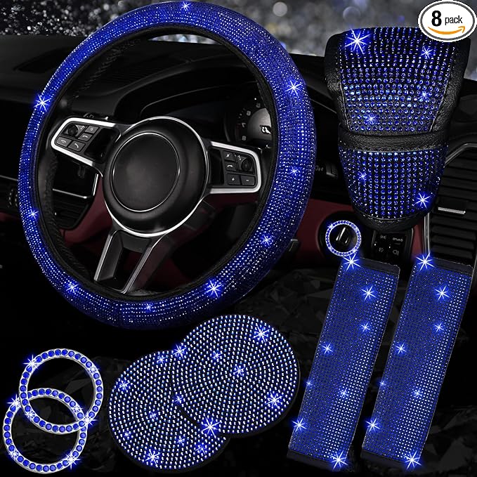 8 pcs Blue Bling Car Accessories Set for Women, Steering Wheel Cover, Sparkly Seat Belt Covers, Bling Gear Shift Cover, Universal Fit Most Cars (Blue Diamond)