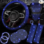 8 pcs Blue Bling Car Accessories Set for Women, Steering Wheel Cover, Sparkly Seat Belt Covers, Bling Gear Shift Cover, Universal Fit Most Cars (Blue Diamond)